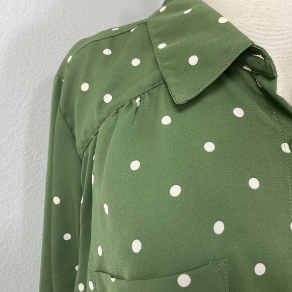 Torrid 2 Moss Green Blouse White Polka Dot Long Sleeve Pockets Button Front Flaw - Picture 3 of 13